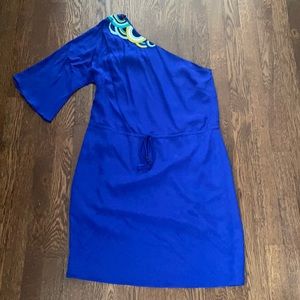 Gorgeous Trina Turk one shoulder embroidered cobalt blue dress